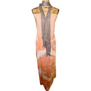 Gianni Bini Peach Off Shoulder Coral and White Tie Dye Maxi Dress